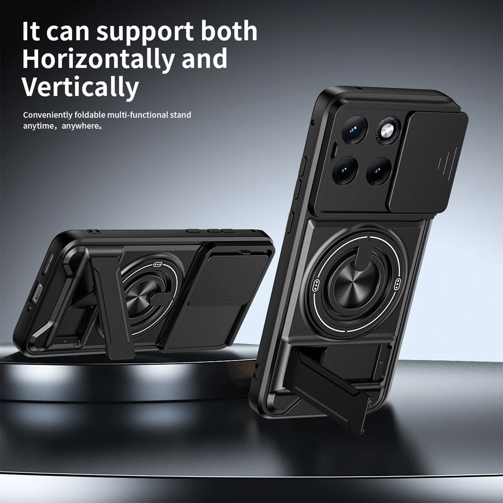 Magnetic Ring Bracket Armor Phone Case with Slide Lens Cover