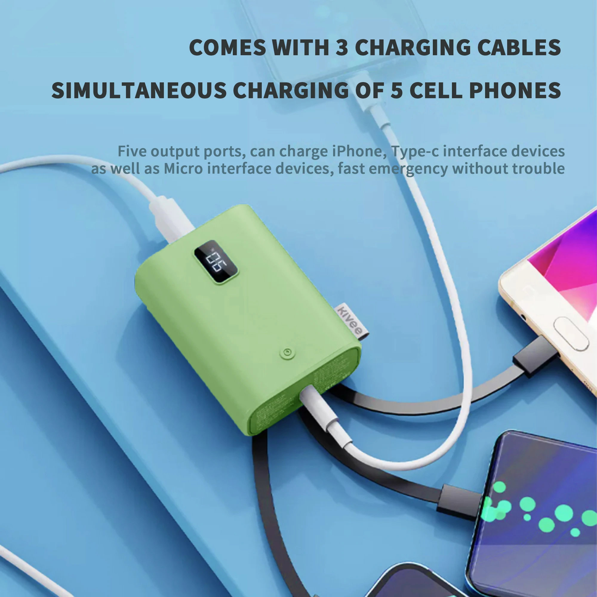 5-Port Power Bank 10000mAh, USB-C & Micro, LED Display, Fast Charging, Compatible with phone