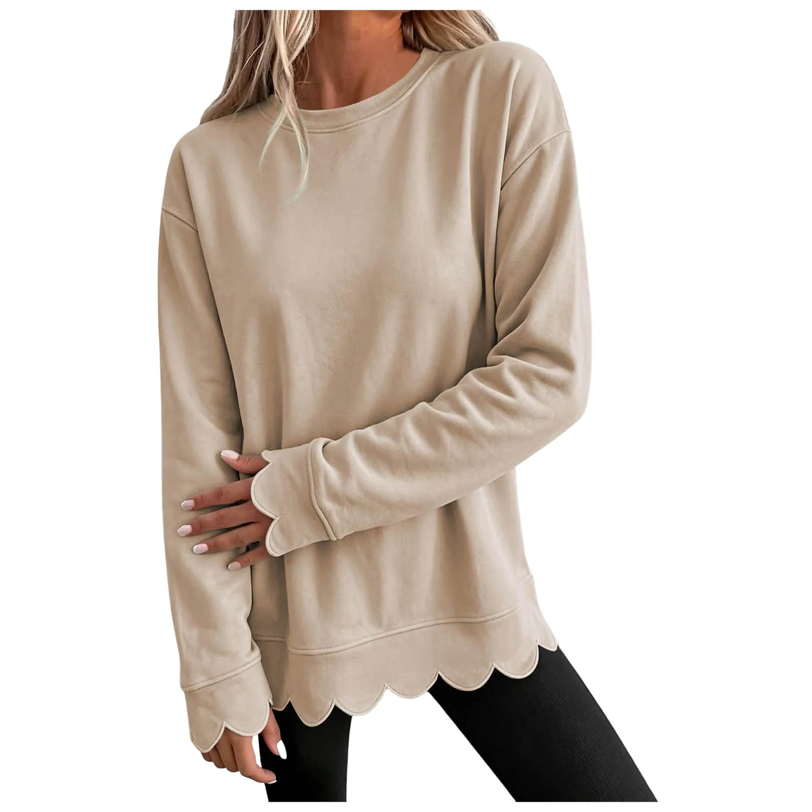 Womens Oversized Crewneck Sweatshirts Scalloped Casual Pullover Tops Sweatshirt Womens