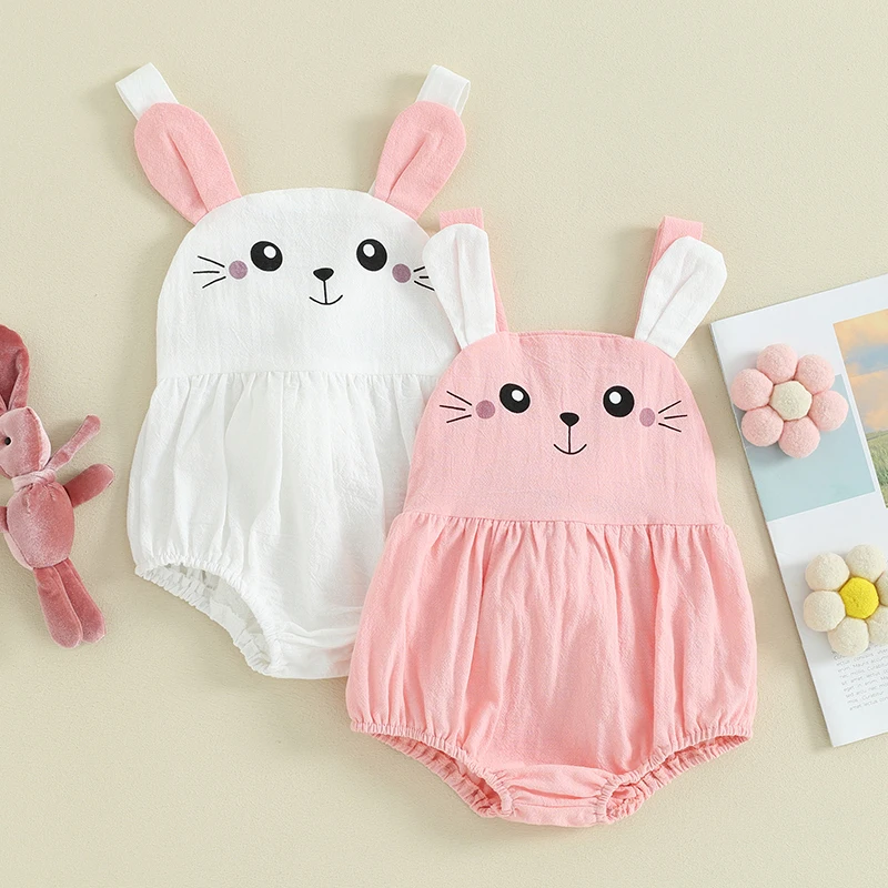 

2024-01-11 Lioraitiin Baby Girls Easter Cami Romper Sleeveless Bunny Print Bandage Casual Romper with Plush Ball Decor