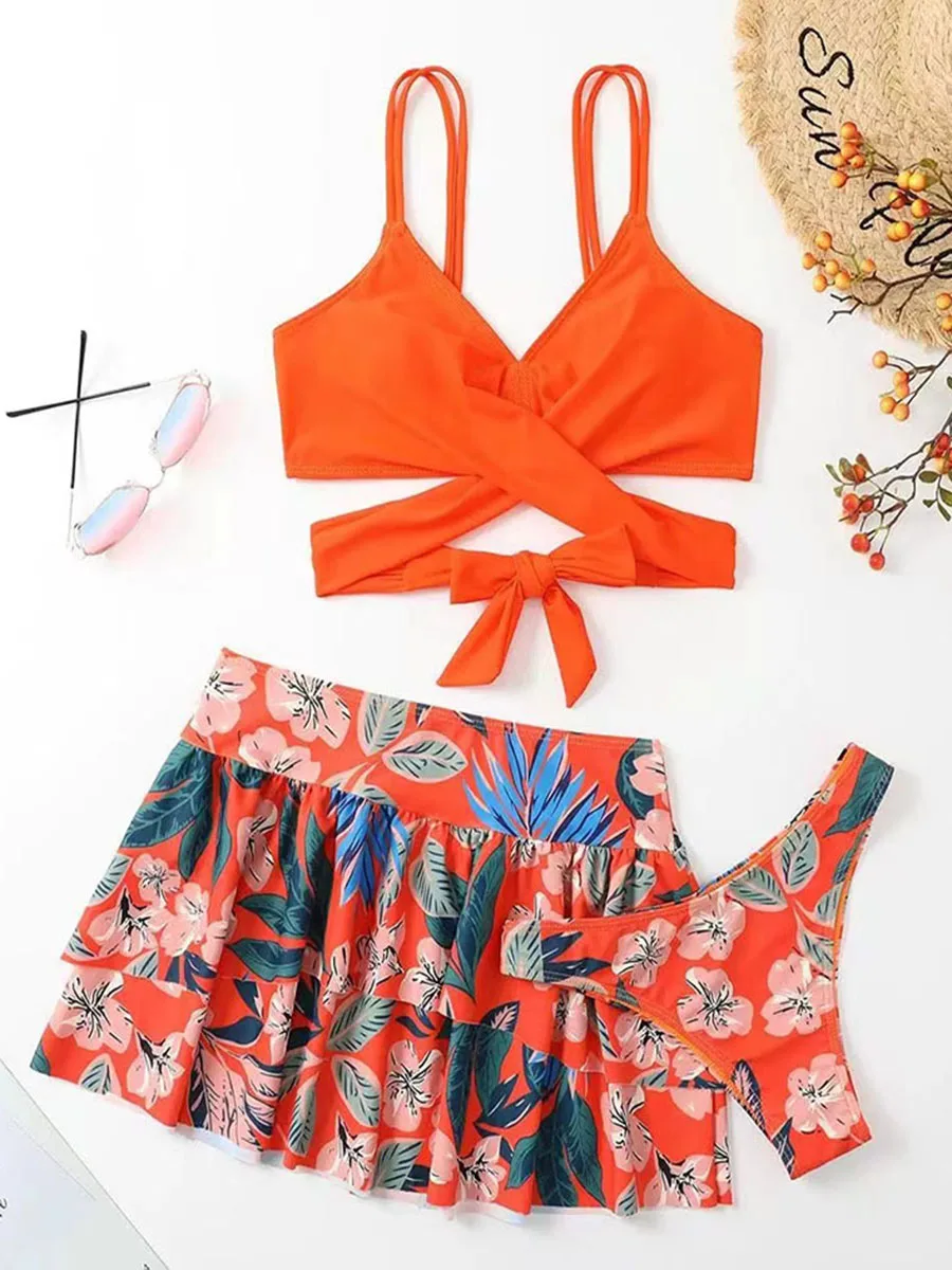 2024 New Swimwear Women Sexy Backless Push Up Swimsuit Print Floral Bikini Three Pieces Skirt-Style Cover Up Beach Bathing Suit