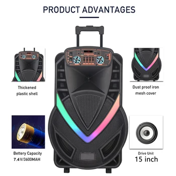 haut parleur Bluetooth 15 pouces, 1500 W,haute puissance,karaoké,caisson de basses avec micro sans fil 3
