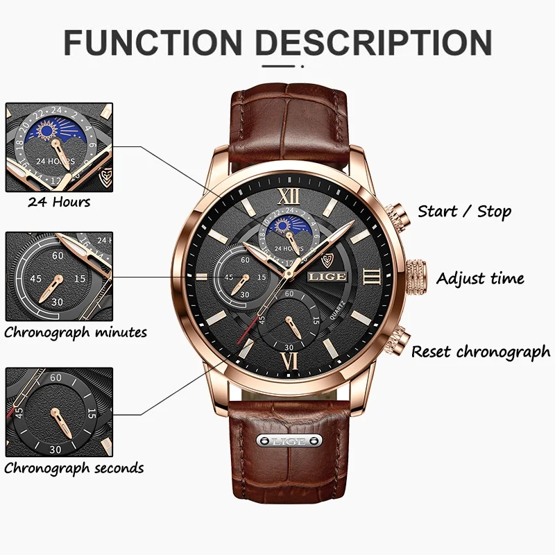 LIGE New Genuine Leather Watch for Men Fashion Business Watch Men Top Brand Luxury Military Waterproof Men's Quartz Wristwatches