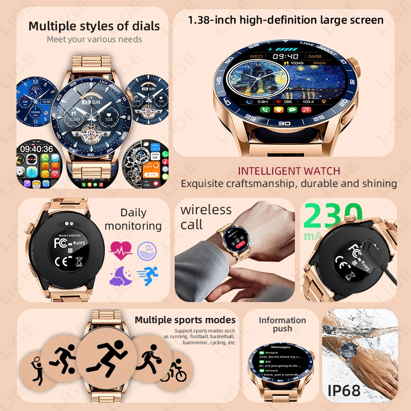 LIGE Men Bluetooth Smart Watch Make Answer Call 1.38" HD Color Display IP68 Waterproof Health Fitness Tracking Women Smartwatch