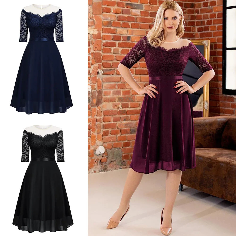 

New Women's Vintage O Neck Lace Patchwork Swing Dress A-line Sexy Half Sleeve Bridesmaid Dress Cocktail Party Pleated Dresses