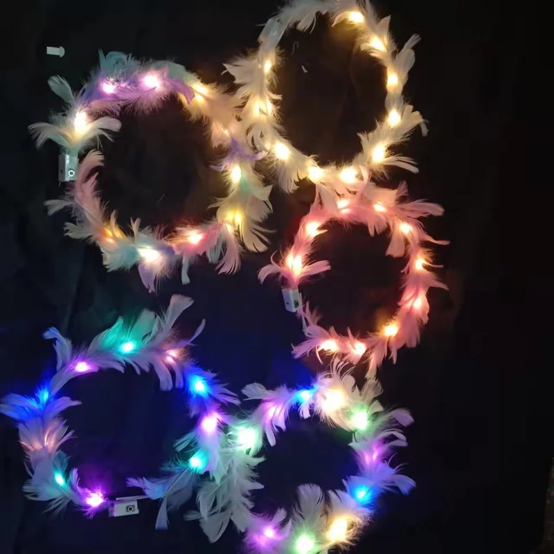 Glow Headband Luminous Hair Bands Adjustable LED Light Party Favors Feather Wreath Hairband for Wedding Birthday Glow Party Hair Accessories 1pc