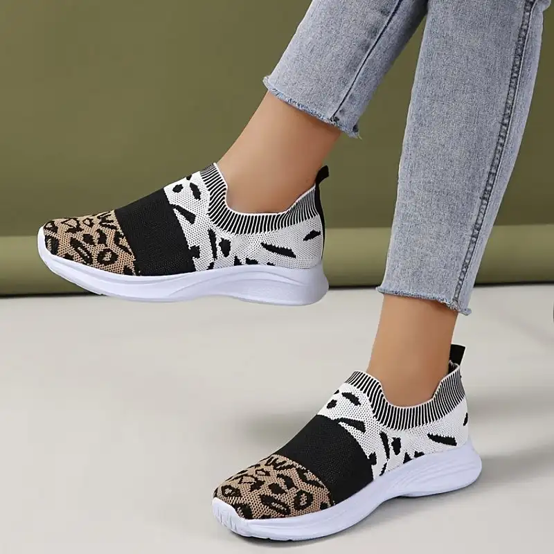 

Color-block Leopard Pattern Casual Sports Shoes For Women, Lightweight Breathable Slip On Running Sneakers