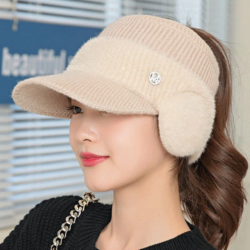 

Fashion Women's M Label Knitted Fleece Hat Ladies With Earflaps Hats Empty Top Winter Spring Warm Baseball Cap For Female