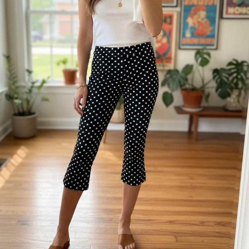 Women Summer Capri Pants Casual Low Waist Solid Color/Dot Print Slim Fit Cropped Trousers Fashion Streetwear - 4