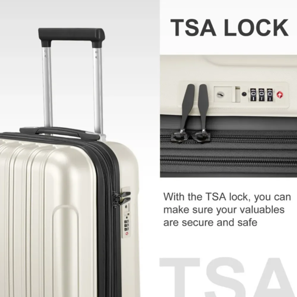 FCH 竖纹款两件套20寸可拓展带14寸手提箱 ABS&PC拉杆箱 14in 20in 静音轮 内铁外铝拉杆 时尚色系 米白(斜纹)-15