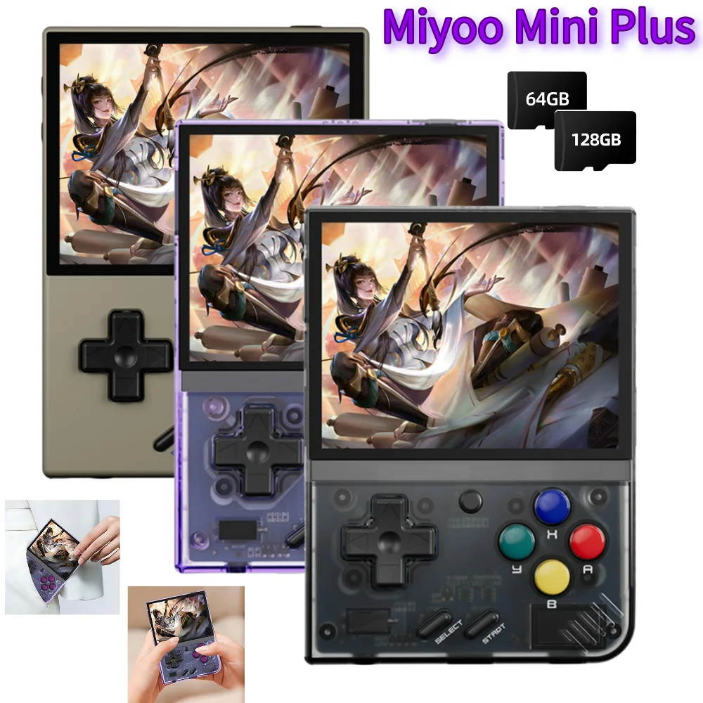 MIYOO 미니 플러스 휴대용 레트로 핸드헬드 게임 콘솔, 64G, 128G, 3.5 인치 IPS HD 스크린, 와이파이 지지대, 3000mAh 어린이 선물