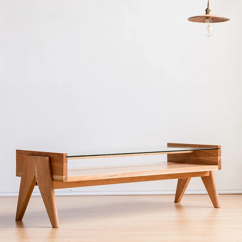 

Nordic Medieval Furniture Chandigarh Solid Wood Cherry Wood Glass Tea Table Homestay Quiet Wind Coffee Table