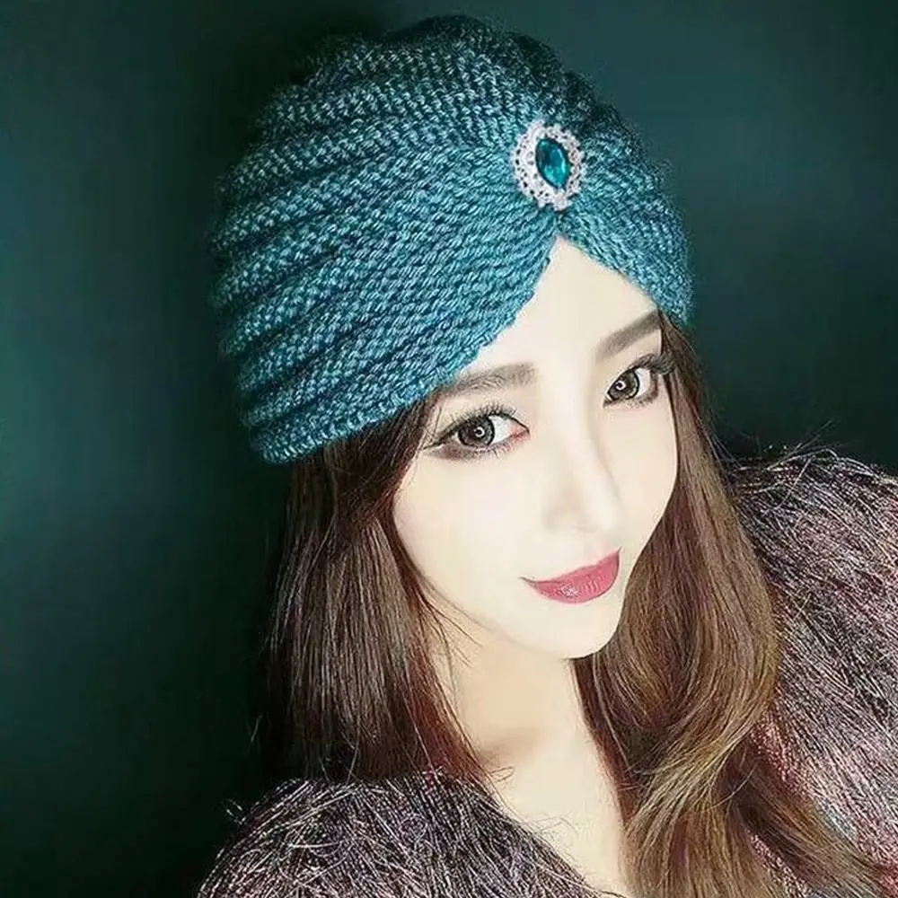 Fashion Winter Warm Hijab Caps Soft Thick Bohemia Turban Diamond Jewelry Wool Knitting Knitted Hats for Women 5