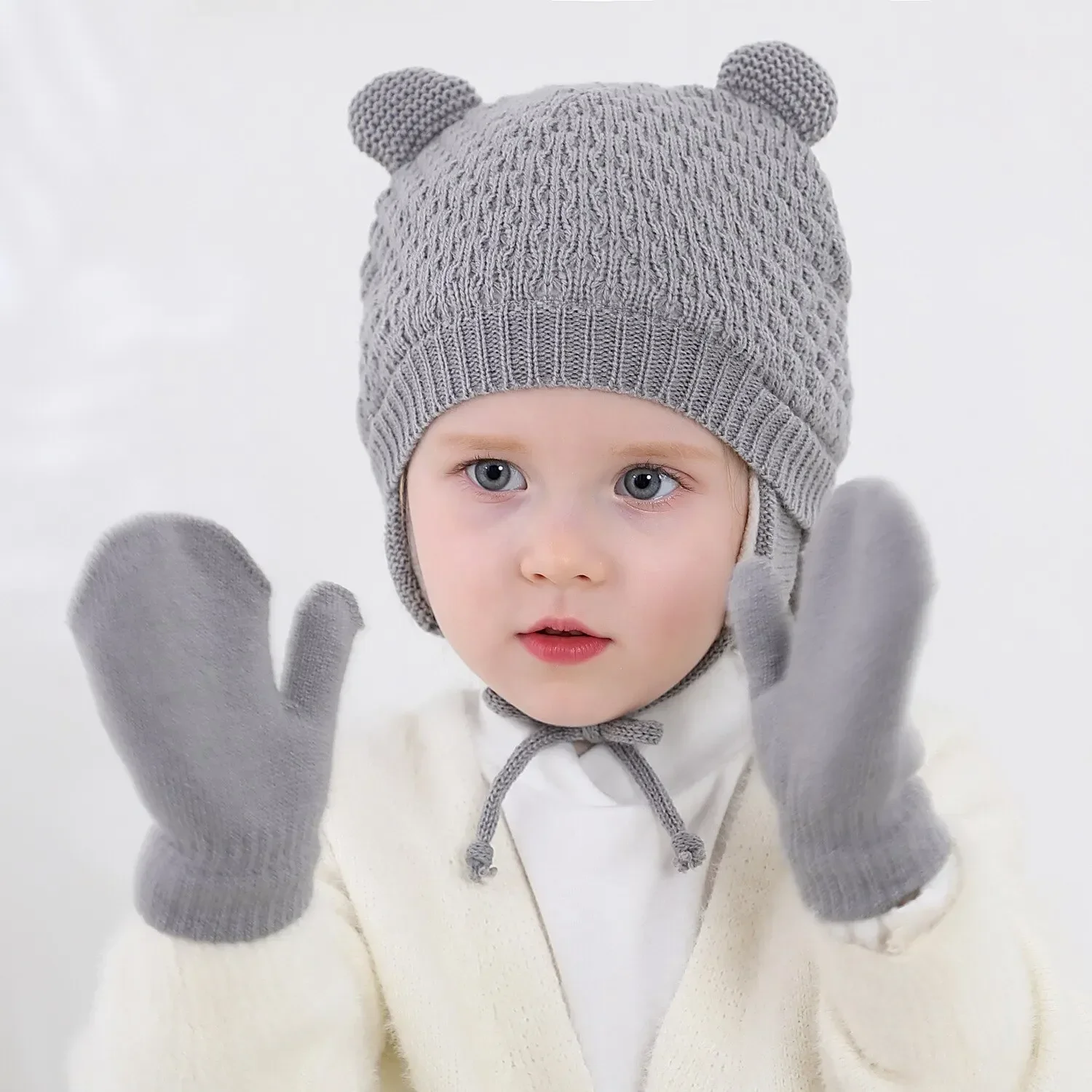 2Pcs Girls Boys Cute Outdoor War Baby Knit Gloves Hat Set Solid Color Autumn Winter Ear Protection Infant Toddler Beanie Cap For