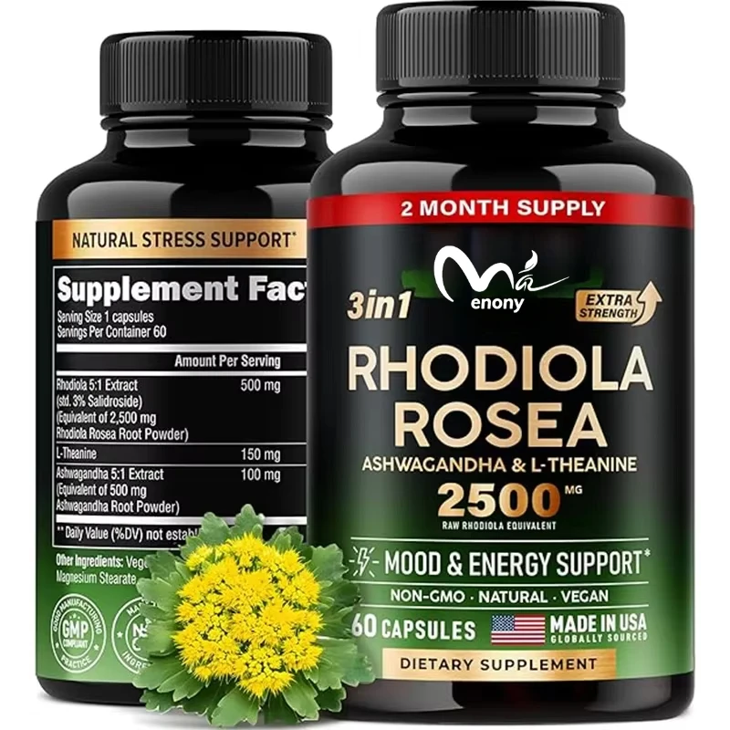 Rhodiola Rosea Supplement- Rhodiola Extract 5:1 3% Salidroside-Ashwagandha & L-Theanine-60 Capsules
