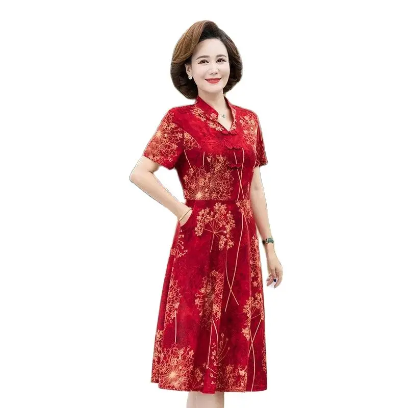 

Summer Fashion Mother Cheongsam Dress 2023 New Middle-Aged And Elderly Women Loose Clim Cover Belly Casual Floral Skirt Female