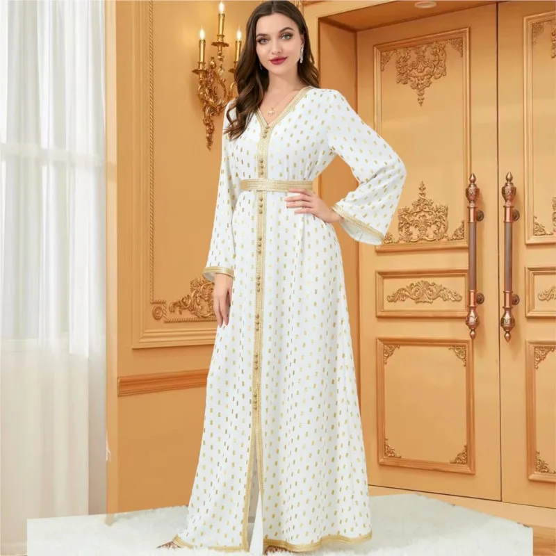 Abayas For Women Dubai 20223 Elegant V-Neck Long Sleeve Ribbon Button Turkey Arabic Oman Moroccan Caftan Muslim Clothes