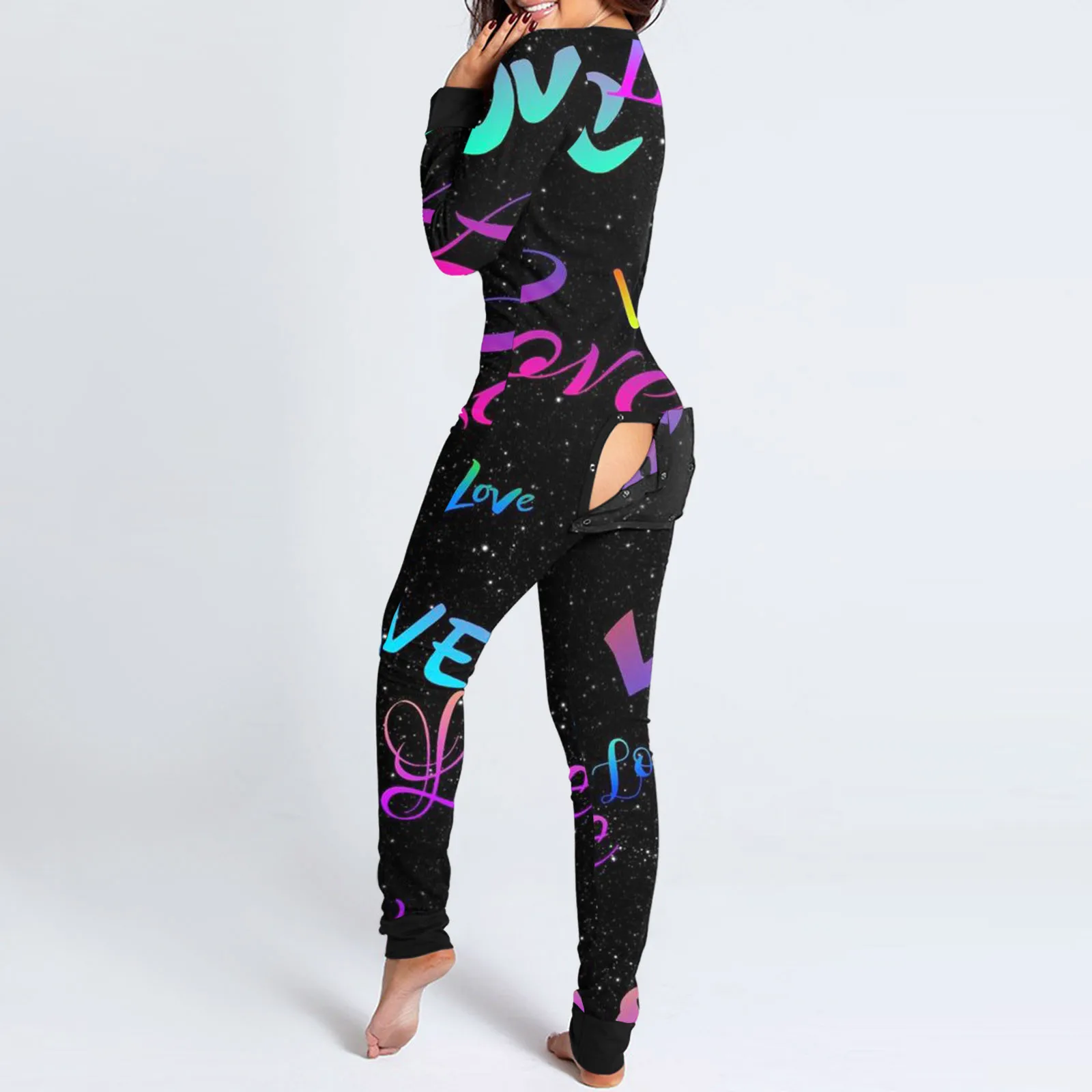 Women Bodysuit Sleep Wear Set Love Letter Print Onesies With Butt Flap For Adults Valentine Sexy Sleepwear Romper Women's Jumpsuit Open Butt Pajamas Nightwear