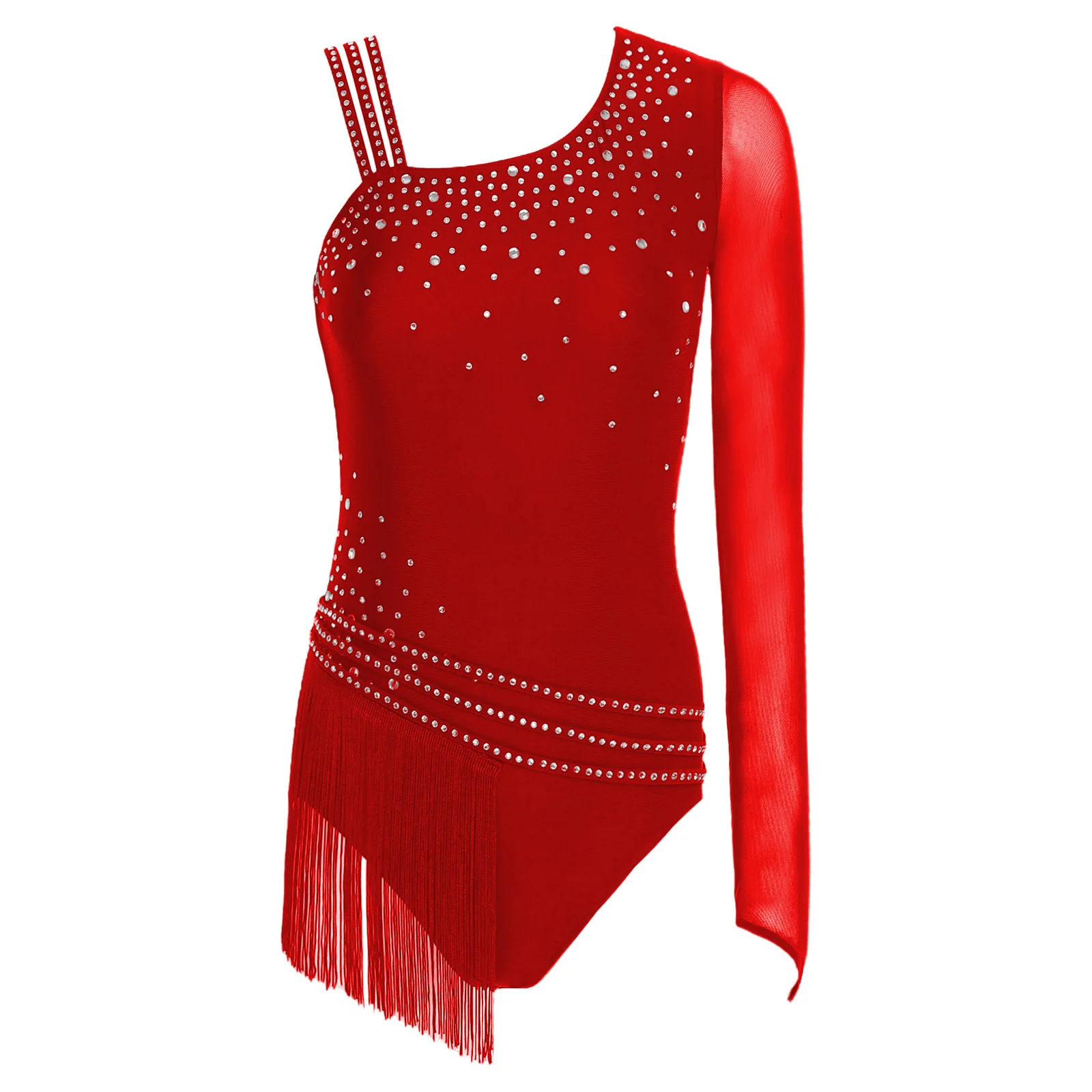 Damen Rhythmische Gymnastik Eiskunstlauf Ballett Latin Jazz Dance Trikot Kostüm Glitzernder Strass Quaste Fransen Body – Detail 6