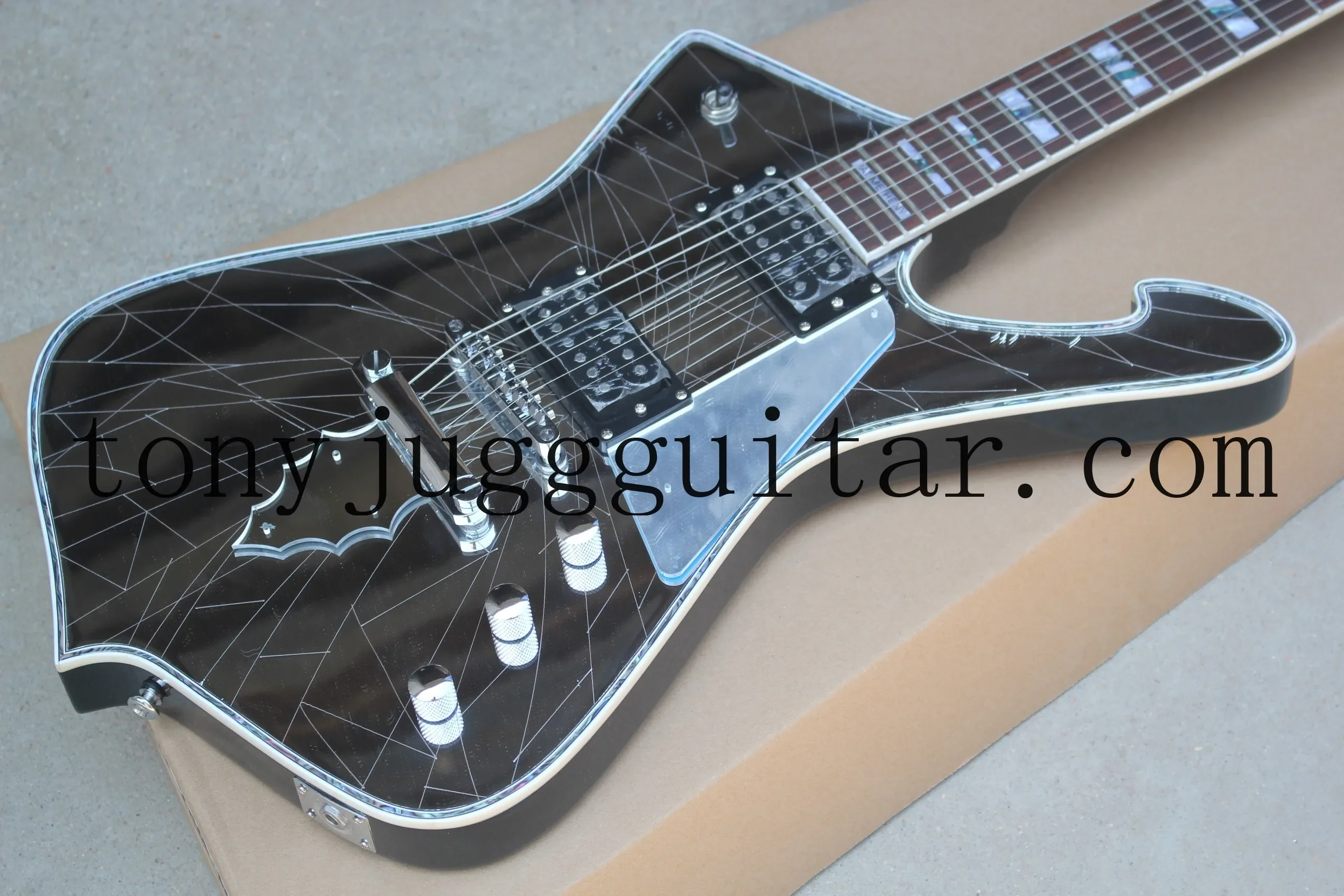 

Iceman Kiss Paul Stanley Acrylic Cracked Mirror Electric Guitar MOP Abalone Block Inlay Flame Shaped Tailpiece