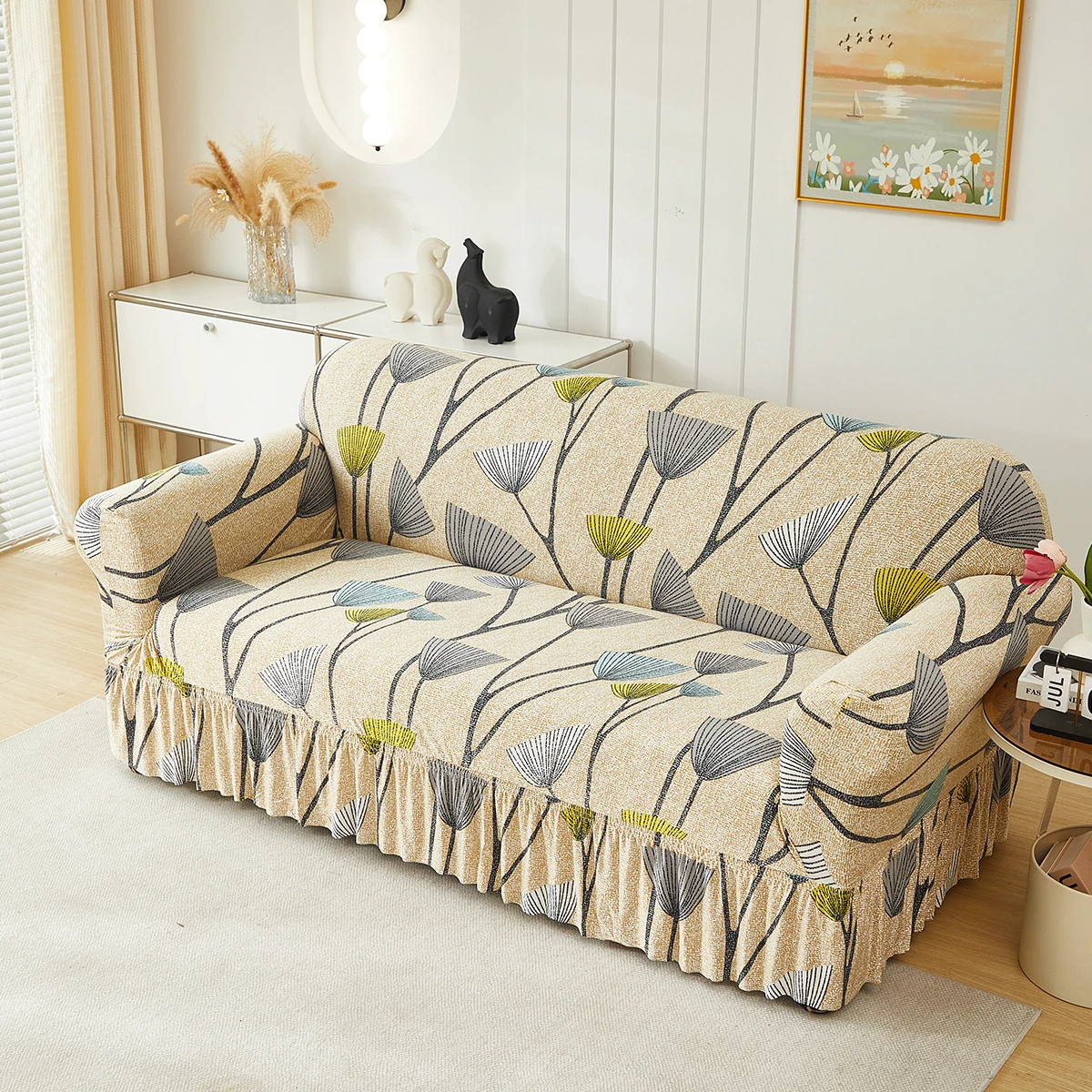1pc Printed Skirt Sofa Cover, elastic, anti-slip. Simple, modern, all-season, dust & cat-proof. Retractable, washable, durable.