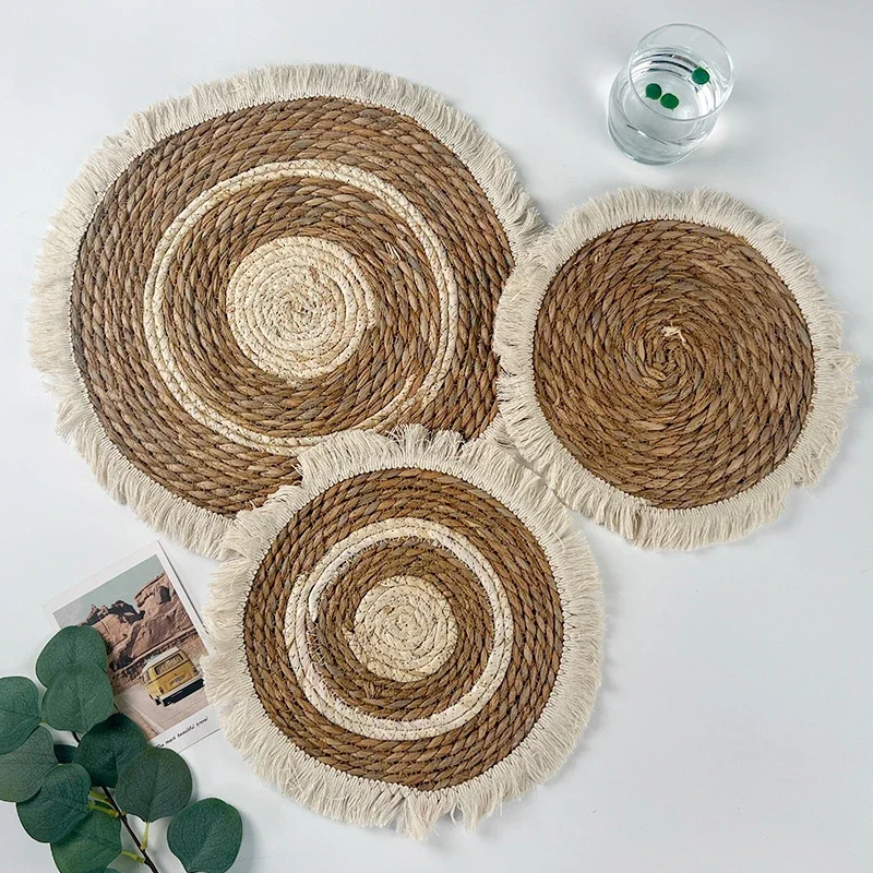 

Woven Placemats for Dining Table,Natural Straw Braided Placemat with Tassel,Boho Handmade Rattan Weave,Heat Resistant Mats, Pots