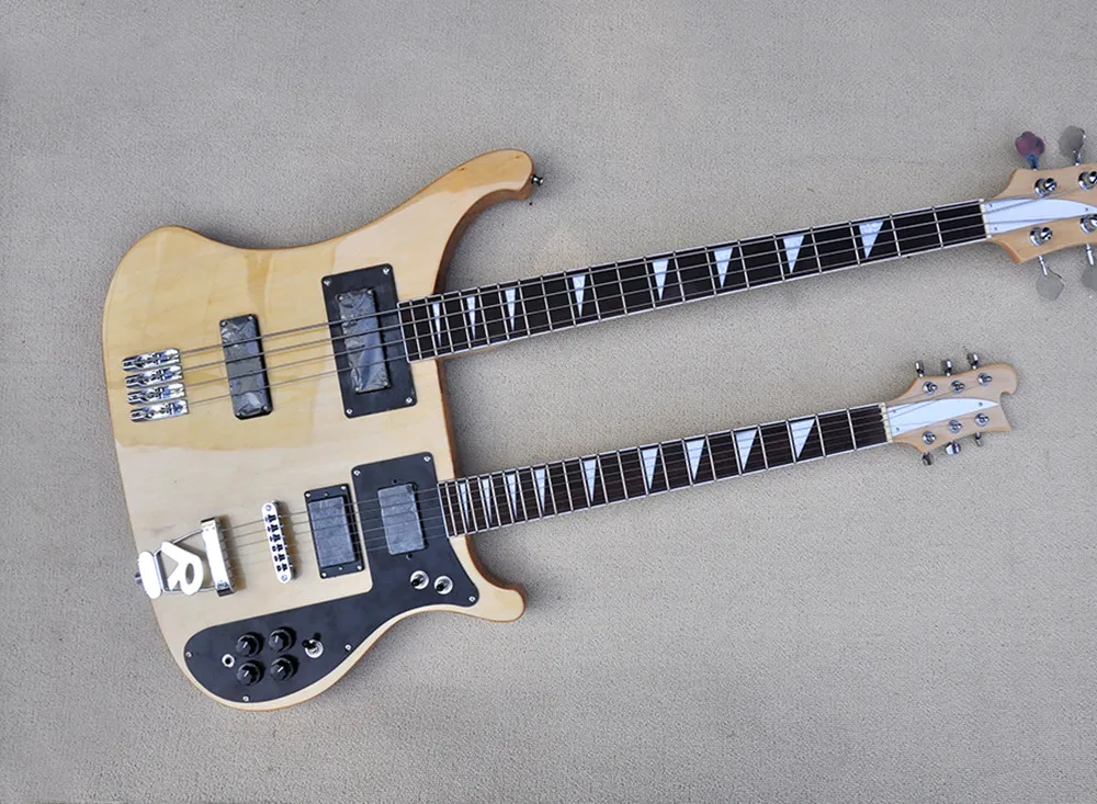 4+6 Strings Double Neck Natural Wood Body Electric Bass Guitar With