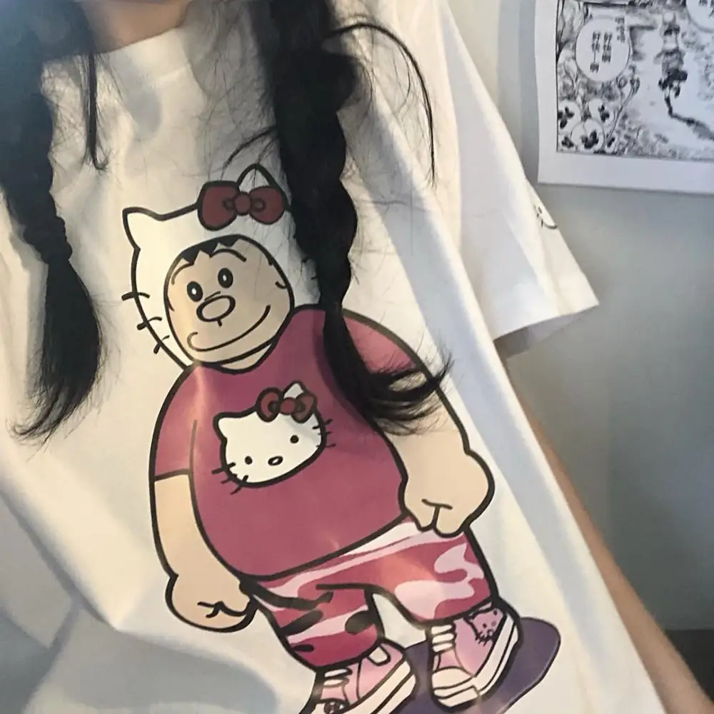 

Футболка Sanrioed с рисунком Hello Kitty Kawaii, аниме-фигурка КТ с коротким рукавом, новый стиль, летняя свободная футболка для влюбленных, Студенческая индивидуальная трендовая Мода