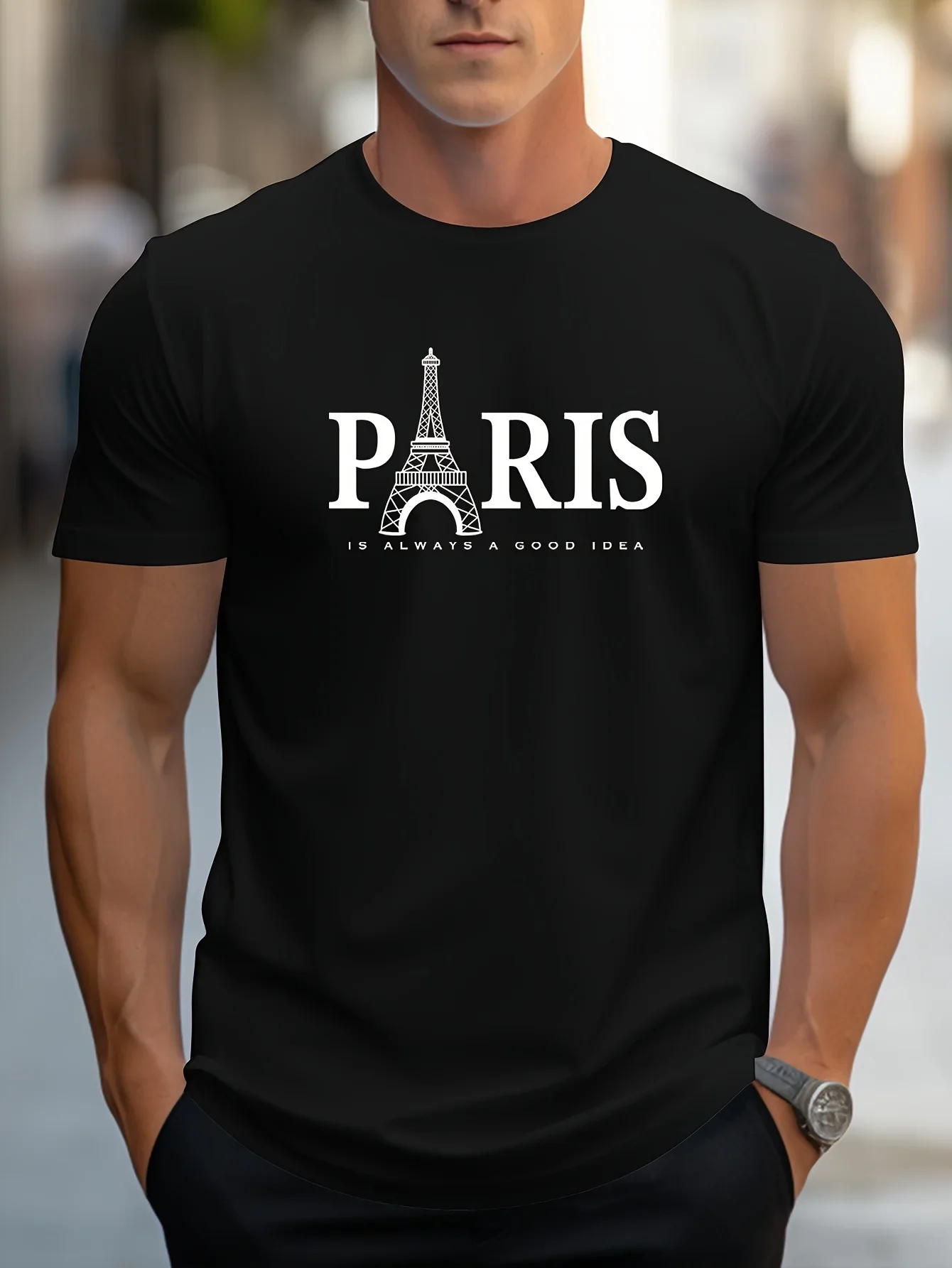 thumbnail image 1 of Camiseta de verano 100% algodón puro para hombre, de talla holgada, con estampado de letras PARIS, informal, cómoda, con cuello redondo y manga corta, 1 of 5