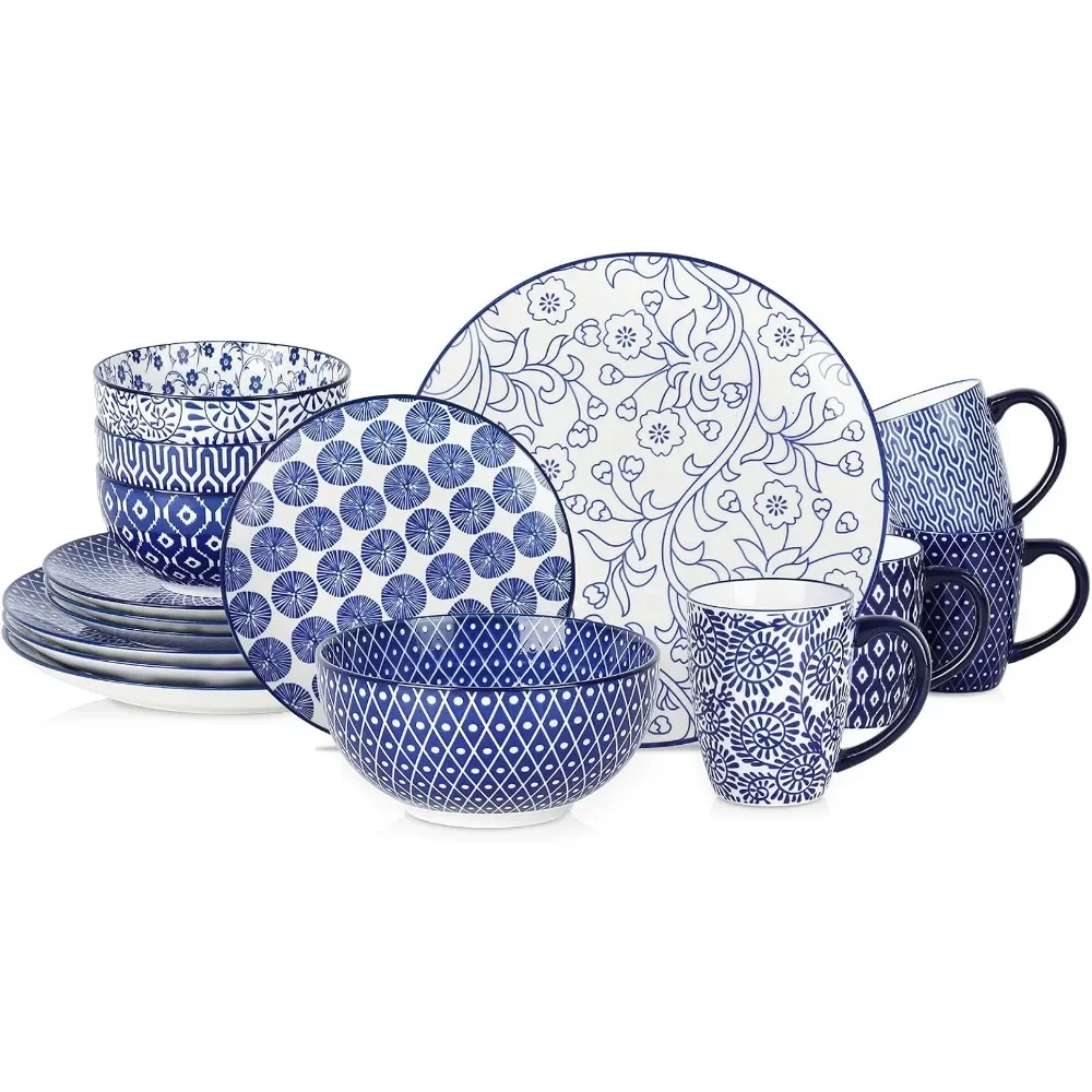 

Ceramic 16-Pieces Dinnerware Set for 4, Ceramic Dishes Set, Kitchen Plates and Bowls Sets, Cereal Bowls and Mugs(Vintage Blue)