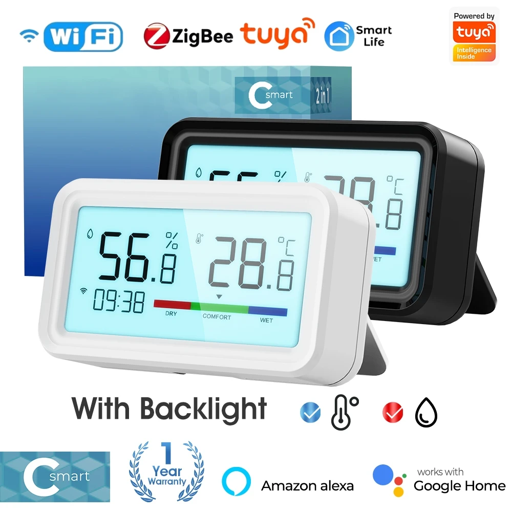 

Датчик влажности и температуры Tuya для умного дома, Wi-Fi/ZigBee внутренний гигрометр с монитором и подсветкой, дисплей времени, Alexa Google управление