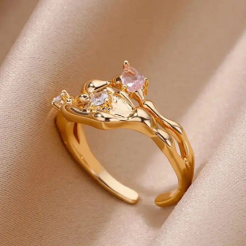 Zircon Jewelry Stainless Steel Ring for Women Gold Plated Daily Wear