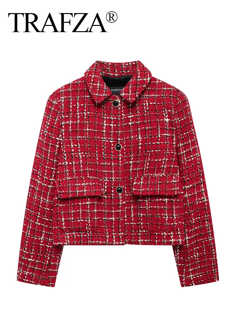 HH Women Vintage Red Plaid Tweed Coat Slim Turn Down Collar Long Sleeve Jacket Autumn Fashion Lady High Street Outwear