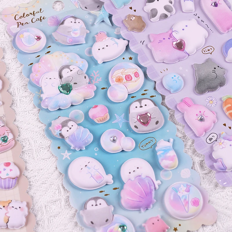 Thick Puffy Stickers Kawaii Japanese Soft Stickers for Kids 3D Squishes with Gem Reusable Puff DIY Phone Case