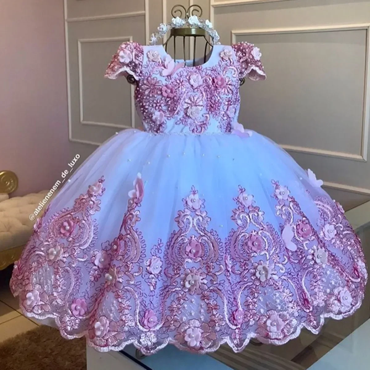Flower Girl Dresses Applique Tulle Pearls Ball Kids Pageant Gown Wedding Birthday Party First Communion Wear