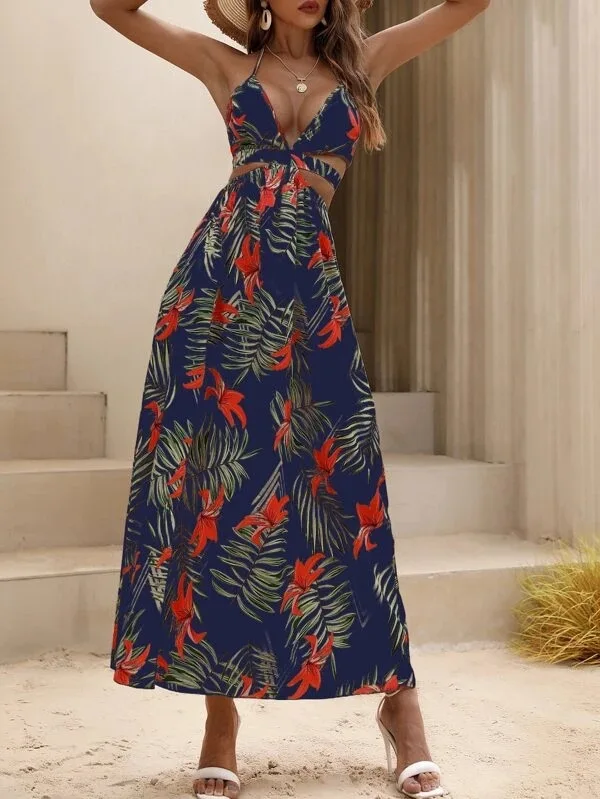Print Halter Neck Slit Dresses Women Sexy Deep V-neck Hollow Out Backless Bowknot Leace-up Long Dress Female Streetwear Vestidos 33 undefined