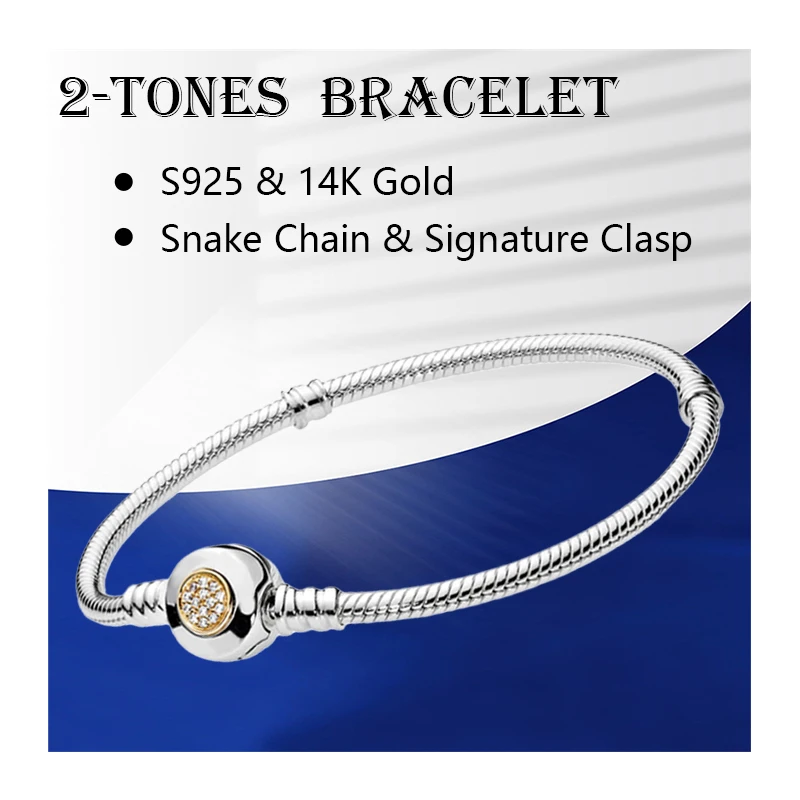 

2 Tones Wrist Charm Bracelets For Women Fine Jewelry 925 Sterling Silver Snake Chain 14K Gold 585 Round Logo Clasp Zircon Stones