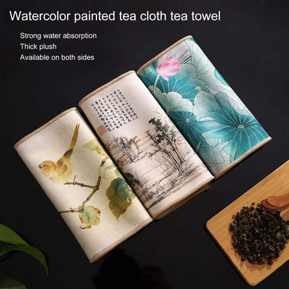 

Tea Towel Chinese Painting Traditional Style Coral Fleece Rivers Mountains Thick Table Mat Professional Rag for Tea Houses