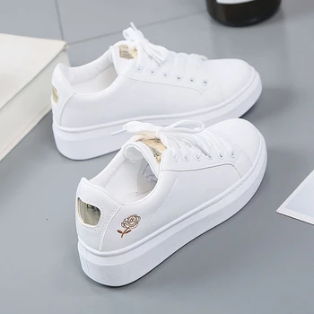 Women Leather Pu Casual Shoes New 2025 Woman Shoes Fashion Embroidered White Sneakers Breathable Flower Lace-Up Women Sneakers 1