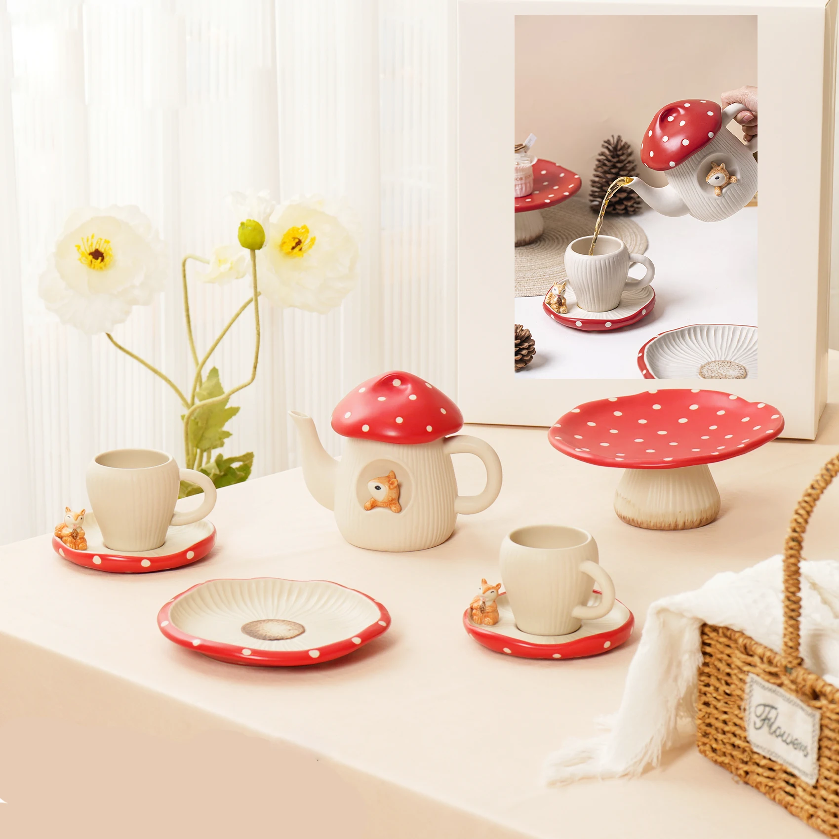 

7 Pcs Hand Drawn Red Mushroom Ceramics Afternoon Tea Utensil Set Teapot Cup Cupholder Mug Dessert Dish Snack Plate CZY-Z2305S-7