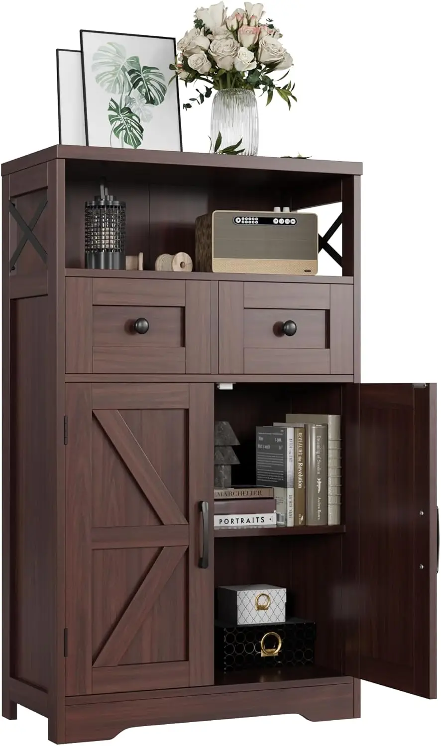 Dark Brown Storage Cabinet with Drawers and Shelves, Standing Kitchen Pantry Cabinet, Floor Storage Cabinet Hutch Cupboard, 5
