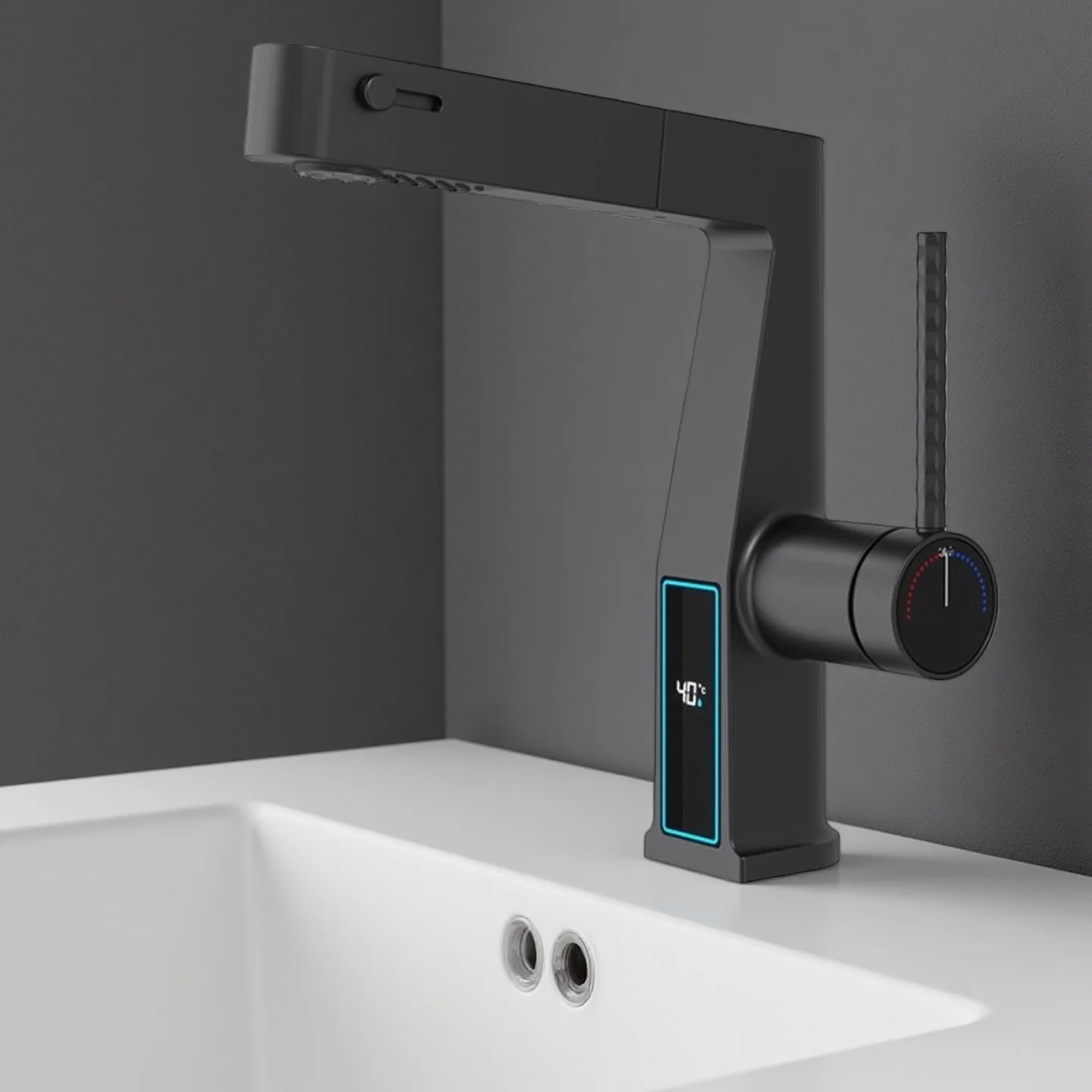 ก๊อกน้ำห้องน้ำดีไซน์หรูหรา สีทองแดง พร้อมหน้าจอดิจิตอล ก๊อกน้ำแบบดึงออกได้ ก๊อกน้ำร้อน-เย็นแบบเปิดสองทาง G3/8G1/2 1