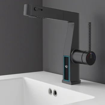 ก๊อกน้ำห้องน้ำดีไซน์หรูหรา สีทองแดง พร้อมหน้าจอดิจิตอล ก๊อกน้ำแบบดึงออกได้ ก๊อกน้ำร้อน-เย็นแบบเปิดสองทาง G3/8G1/2 1