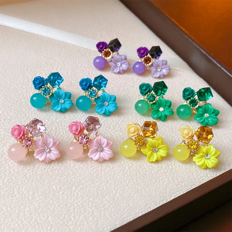Flower Earrings Colorful Flower Imitation Pearl Geometric Stud Earrings For Women Party Banquet Jewelry Gift