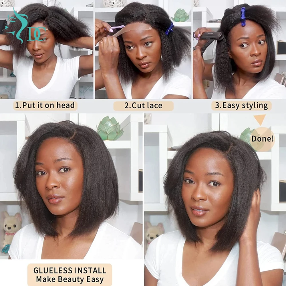 4c Hairline Kinky Straight Bob Wigs Human Hair Pre-Plucked Curly Baby Hair Short Bob 13x4 Lace Frontal Wigs 4x4 Closure