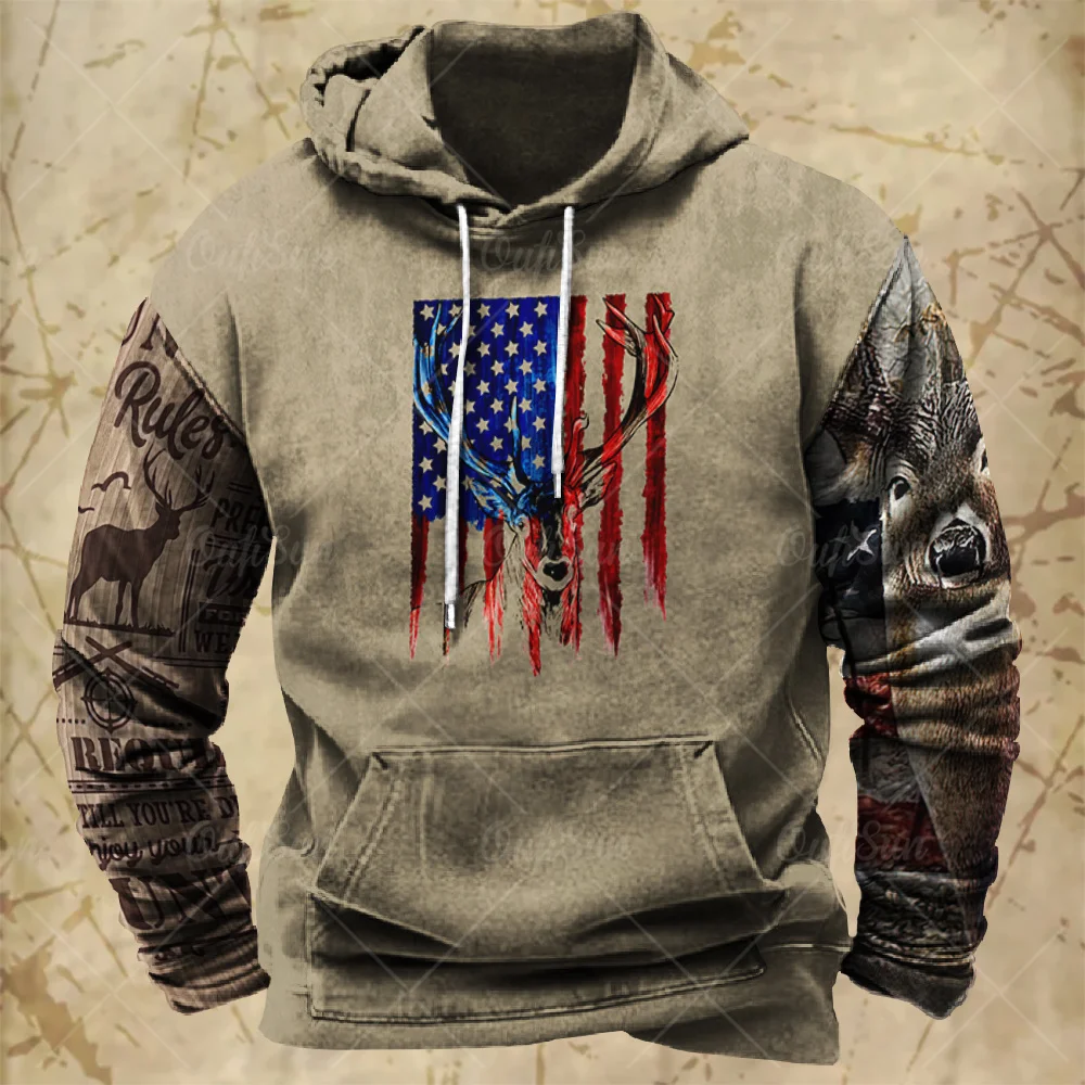 

Men's New Vintage 3d Casual Hoodie Hunting Deer Pattern Loose Fall Sweatshirt Men Street Long Sleeves Oversized Clothing Blouse
