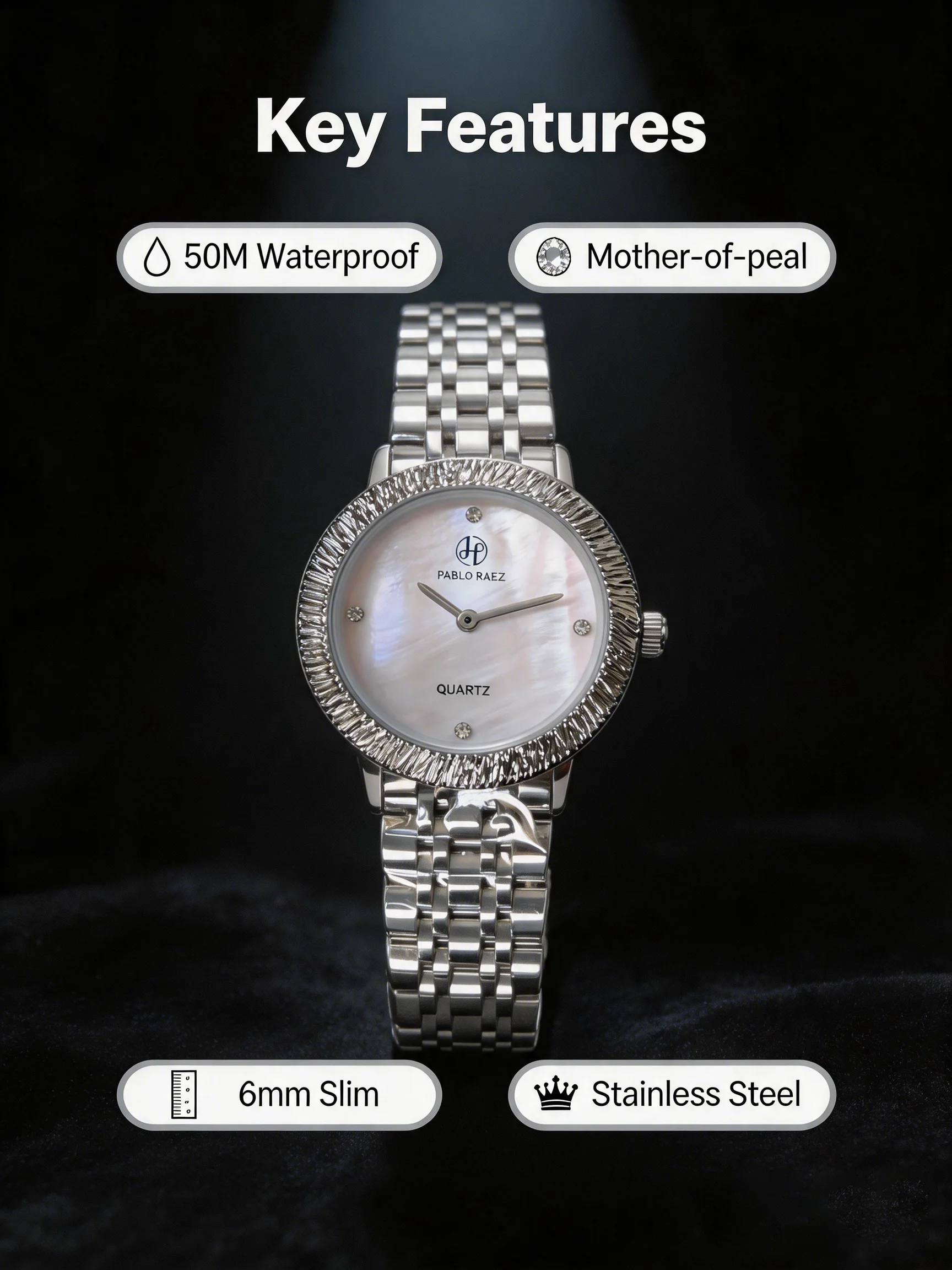 PABLO RAEZ Luxury Women's Stainless Steel Fashion Watch with Gift Box