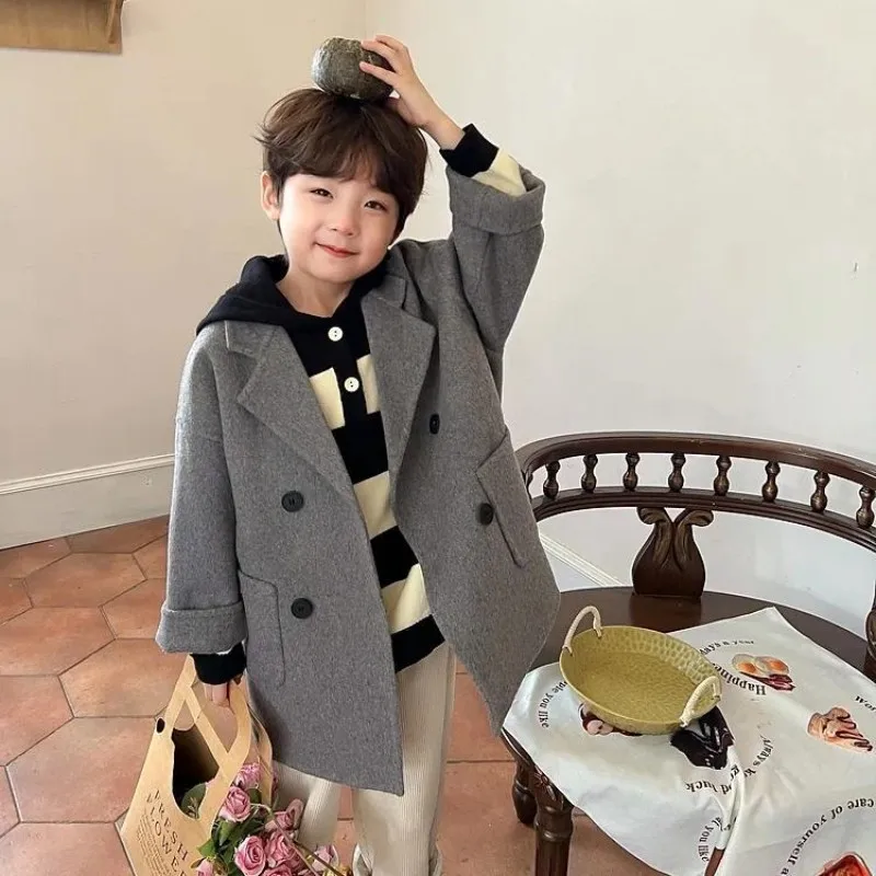 

2023 New Korean Baby Boys Wool Coat Suit Jacket Outerwear British style Winter Fall Medium Long styleb Coats Childrens Clothing