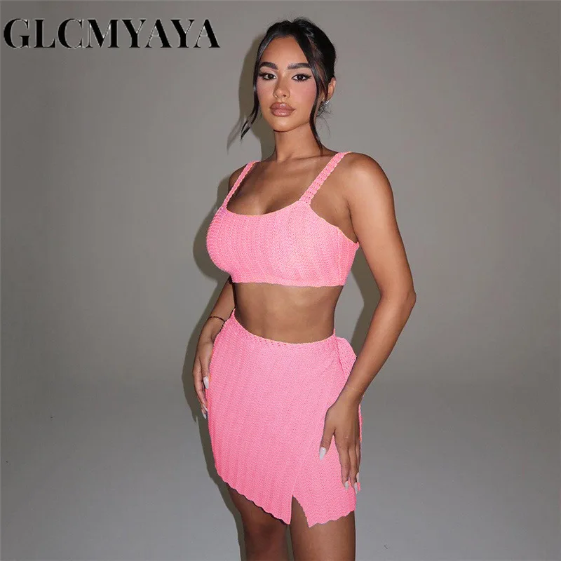 

GLCMYAYA Women Casual Knitting Bandage Backless Solid Crop Tops Skirts Set 2023 Slim Spliced High Waist Dress Sets 2 Piece Set
