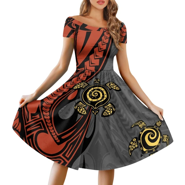 Polynesian Tribal Samoan Totem Tattoo Samoa Prints Elastic Fabric Pullover  Turtle Stripe Large Swing Pleated Gym Party Dress
